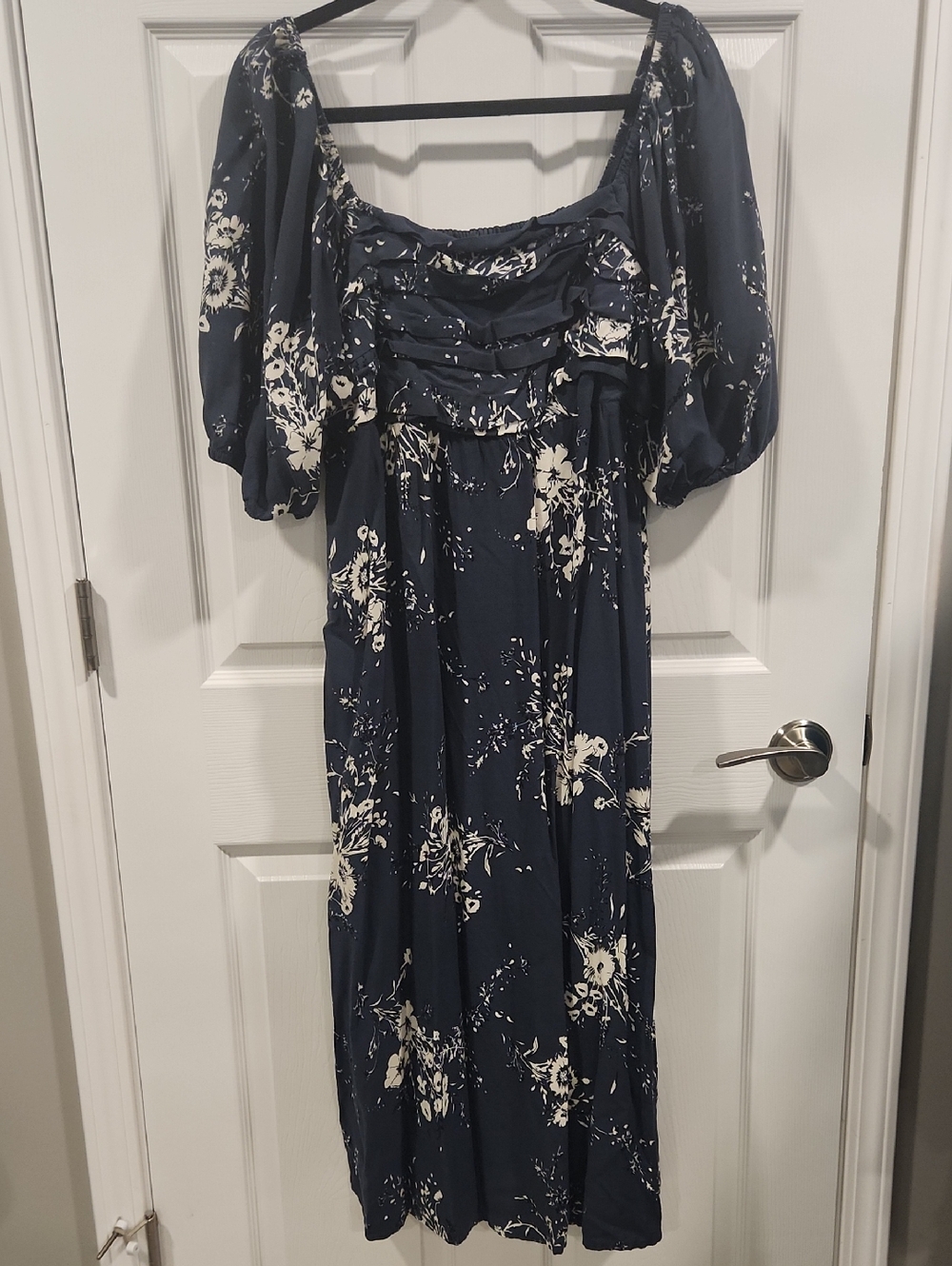 Maurices Navy Floral Puff-Sleeve Midi Dress with Ruched Bodice